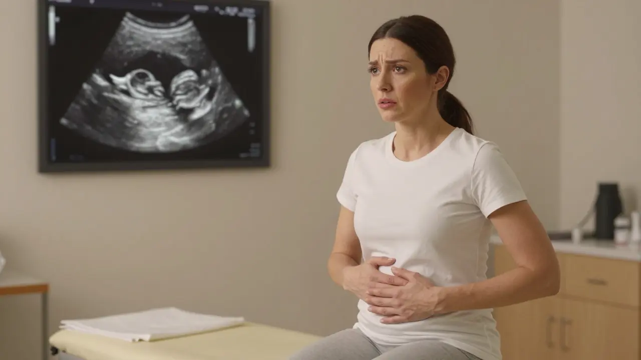 Woman resting on examination table, visibly concerned, with ultrasound image in background.