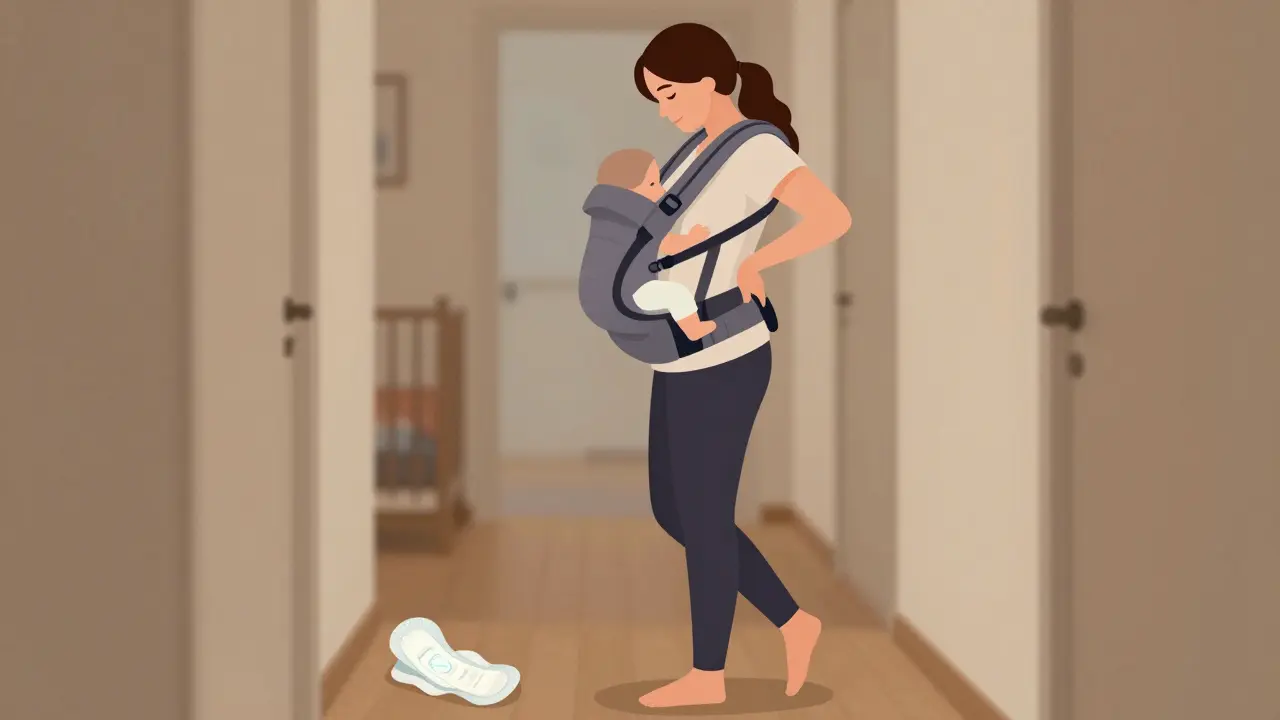 Žena chodí pomalu po chodbě, podržuje záda a dítě, viditelné napětí v kyčlích a páteři.