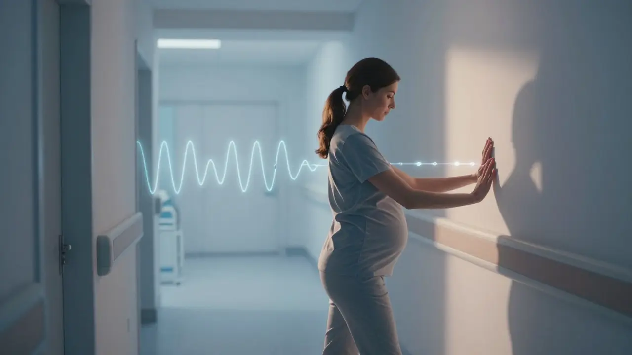 Žena chodí v porodnici během kontrahcí, s náznakem rostoucí intenzity.