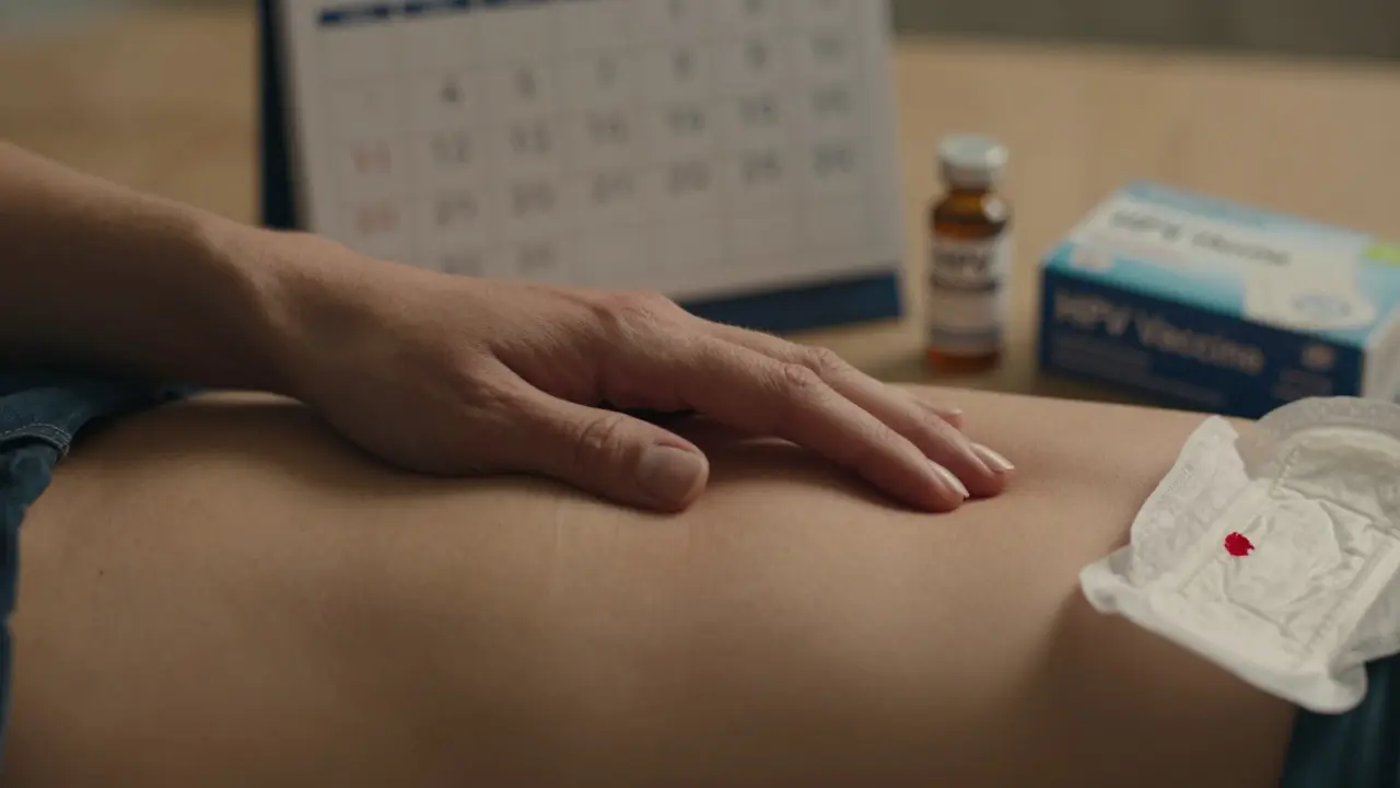 Žena dotýká se břicha, v pozadí viditelné léčebné prvky.