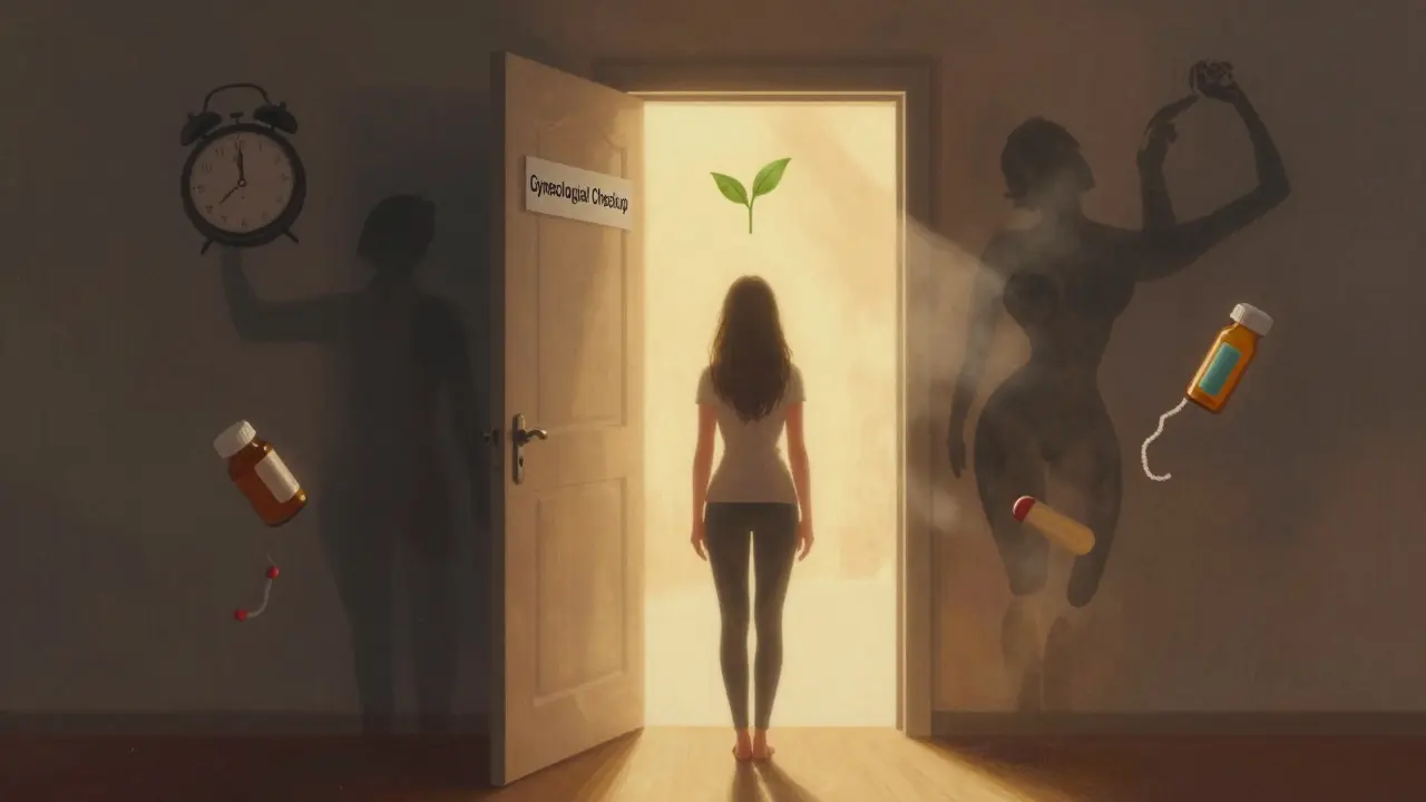 Žena krokuje k dveřím s nápisem 'gynekologické vyšetření' za světlou září.