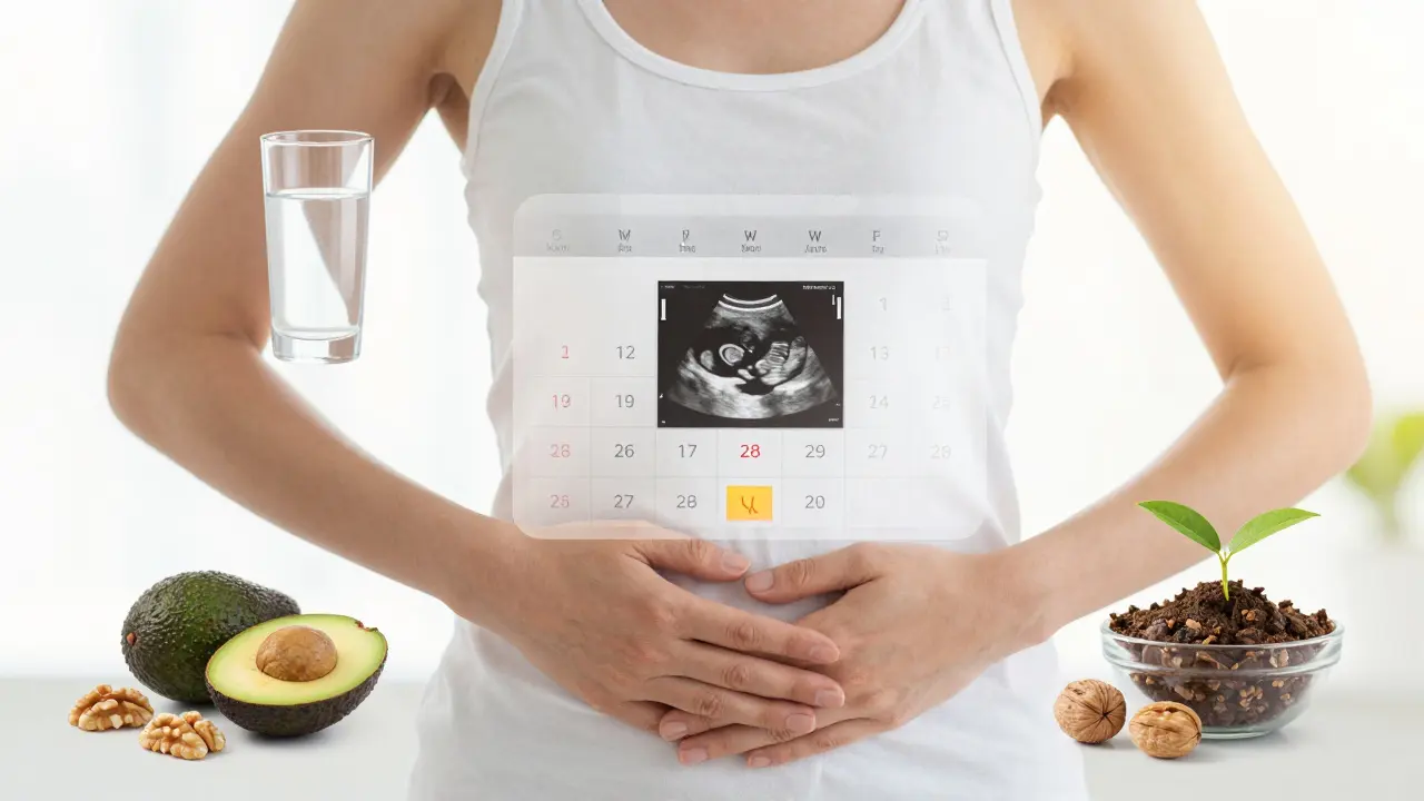 Žena medituje s rukou na břiše, kolem ní symboly zdravého životního stylu.