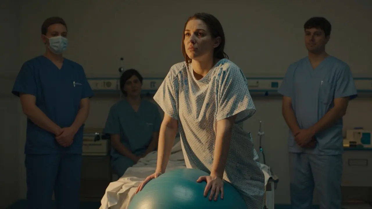 Žena podporuje porod na porodním míči v nemocnici.