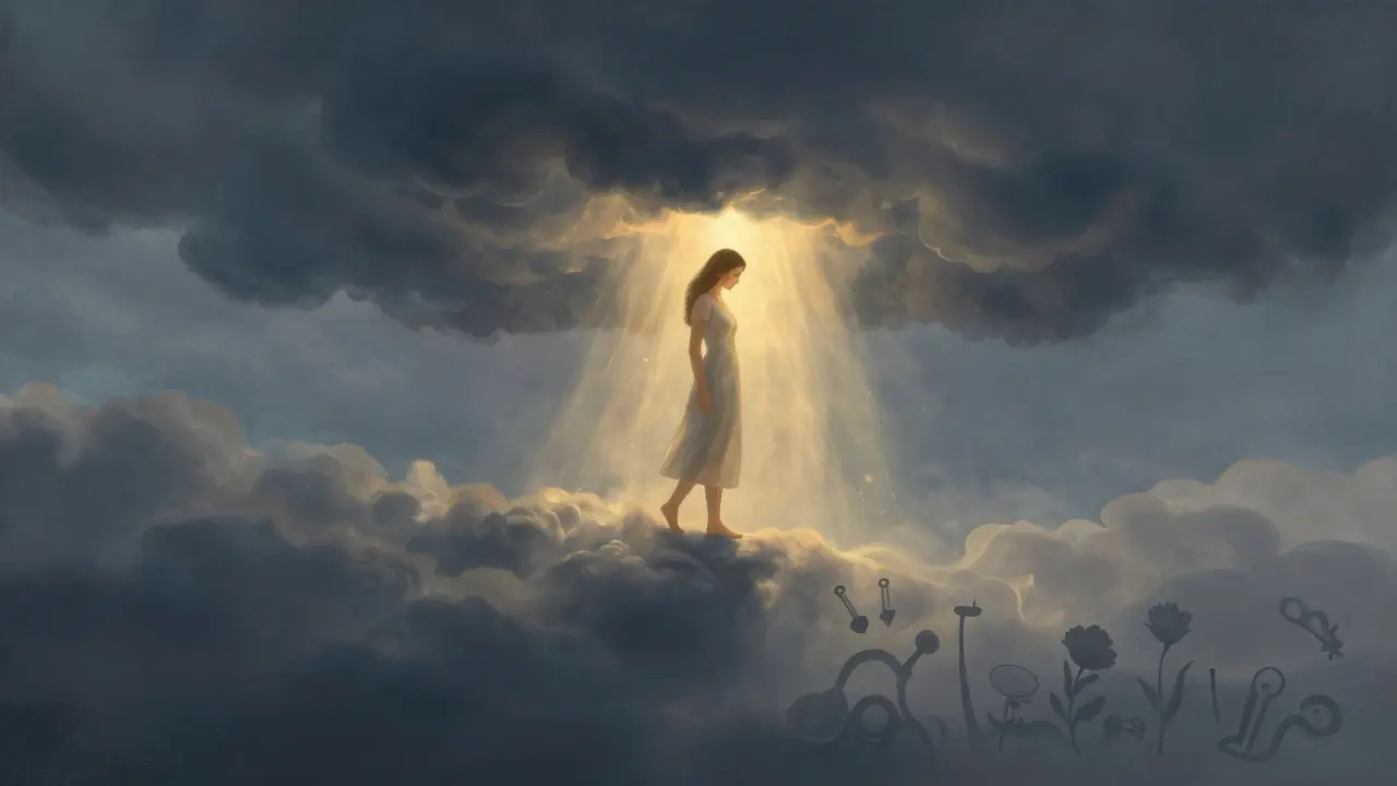 Žena přeměňuje panický útok v klidnou vlnu zlatého světla — surrealní obraz vnitřního uzdravení.