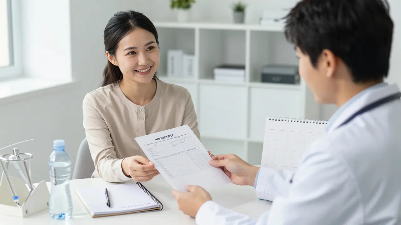 Žena přijímá výsledky Pap-testu od lékaře s usměvavým výrazem.