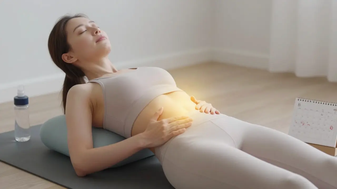 Žena se uvolňuje během cvičení pánve, kolem ní symboly léčby a klidu.