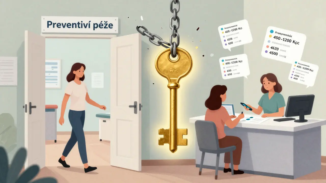 Zlatý klíč odemyká dveře k preventivní péči – jedna strana zdarma, druhá za platbu.