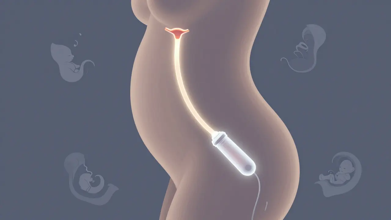 Abstraktní ilustrace těhotné ženy s postupným uvolňováním hlenové zátky.