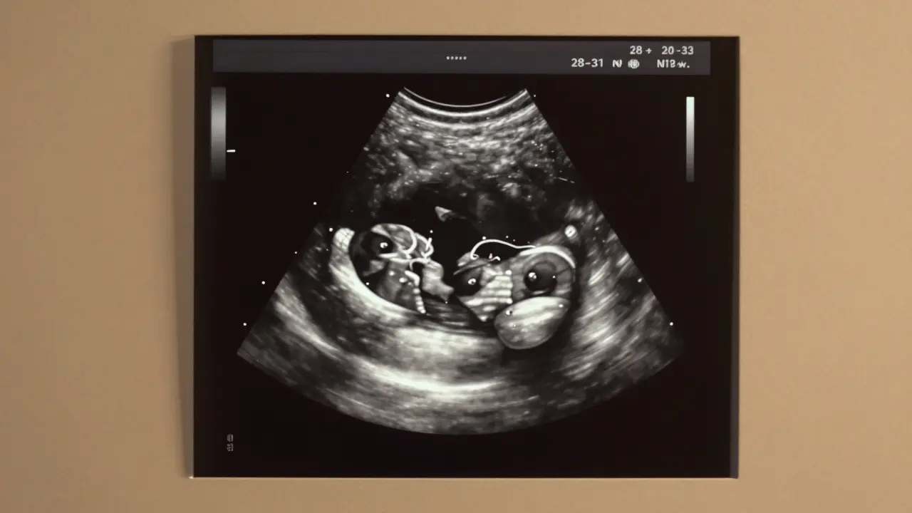 Detailní ultrazvukový obraz plodu v 30. týdnu těhotenství s viditelnými orgány jako srdce, mozek a končetiny, bez lidských postav.