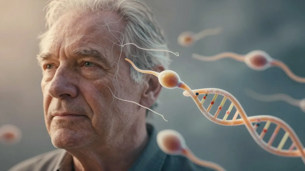 Dvě vrstvy: starší mužský obličej s poškozenou DNA a zdravá spermie s celistvou strukturou.