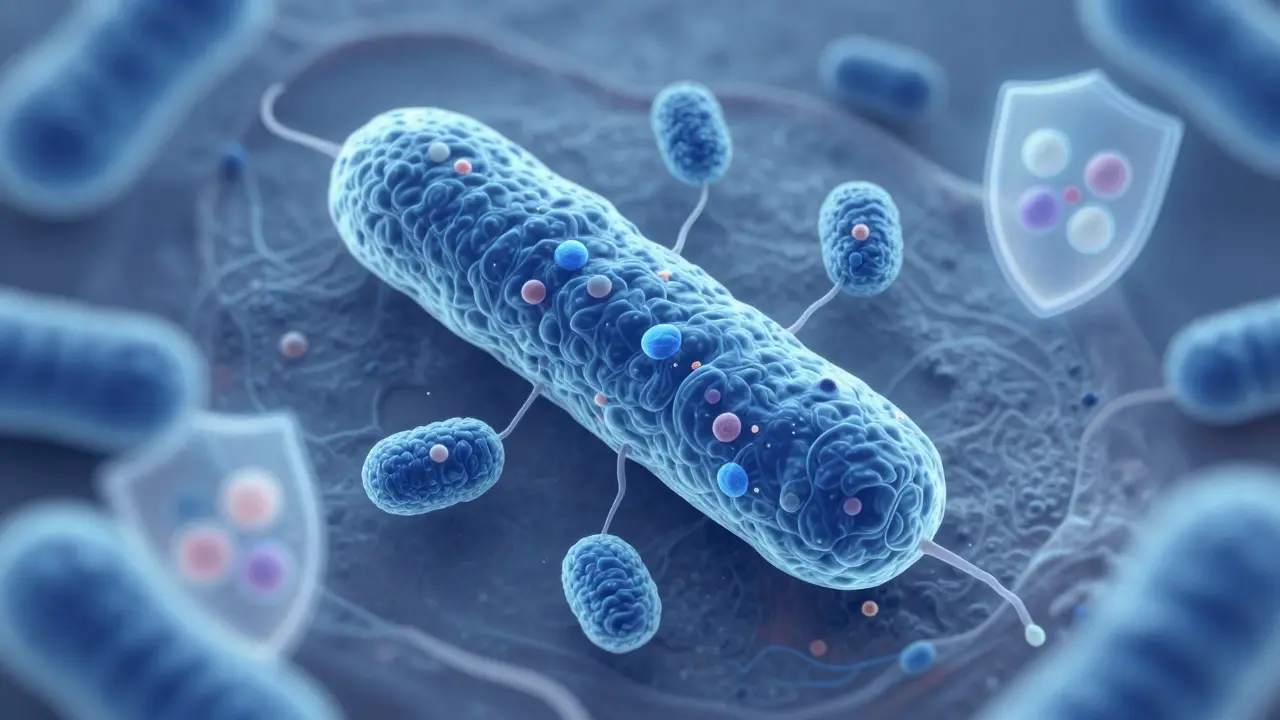 Microscopický pohled na kvasinky Candida albicans a bakterie Lactobacillus v rovnováze.