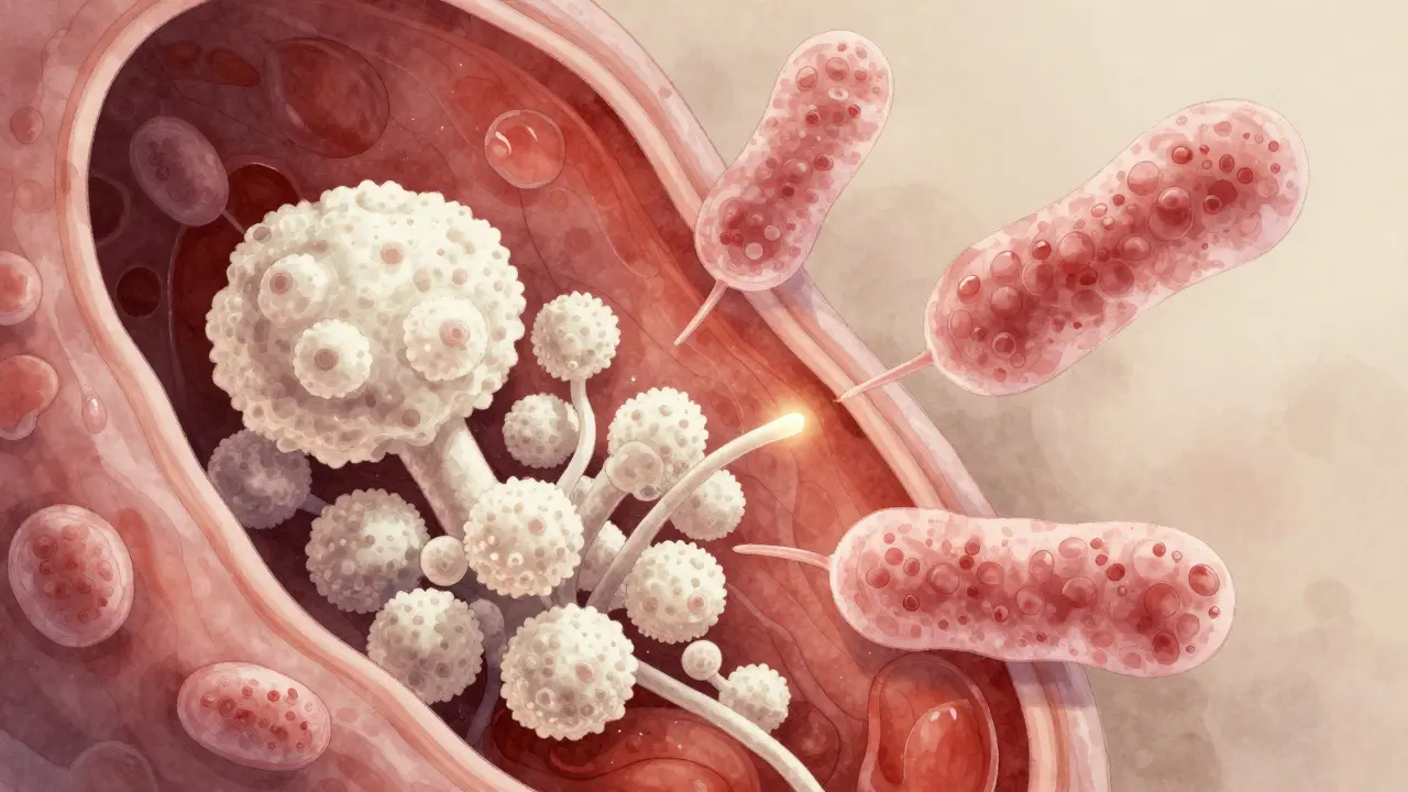 Mikroskopický pohled na boj mezi kvasinkami a bakteriemi v pochvě.