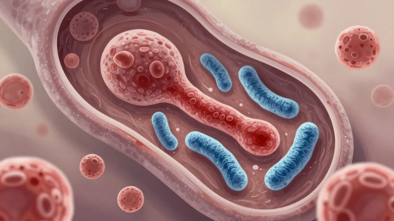 Mikroskopický pohled na kvasinky Candida a narušenou mikroflóru během menstruace.