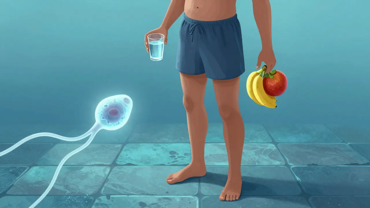 Muž v volném spodním prádle drží zdravou stravu, vedle něj plave zdravá spermie.