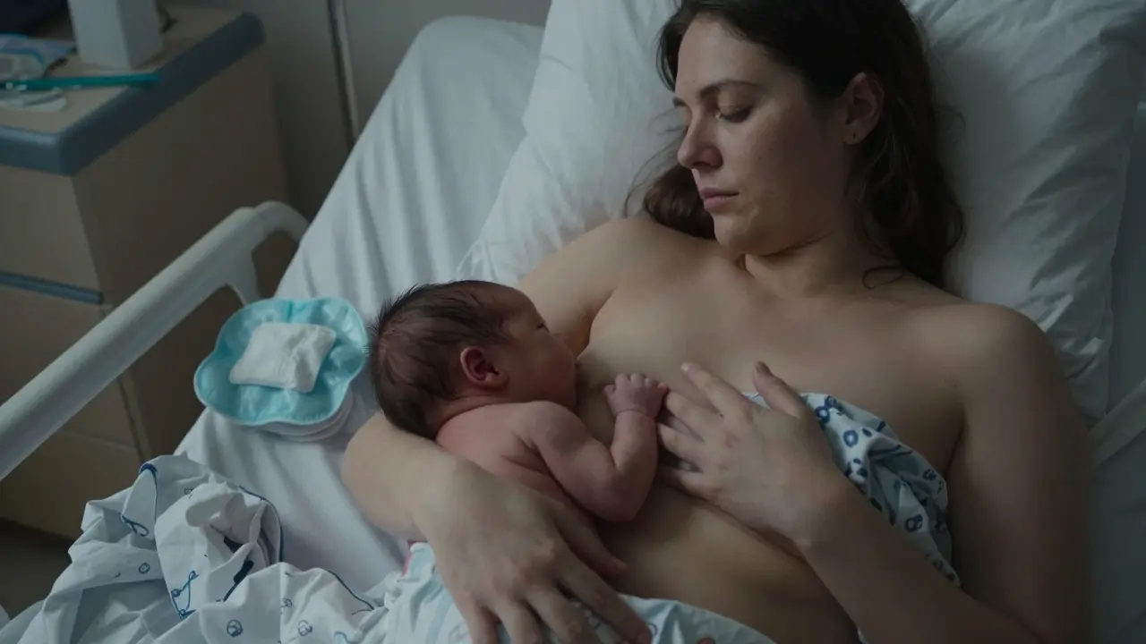 Nově porodilá matka drží novorozence na prsou, tichá a klidná chvíle po porodu.