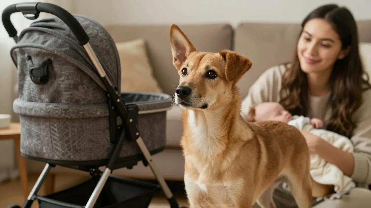 Pes pozorně sleduje kočárku s dětskou plenkou, zatímco žena klidně stojí vedle.