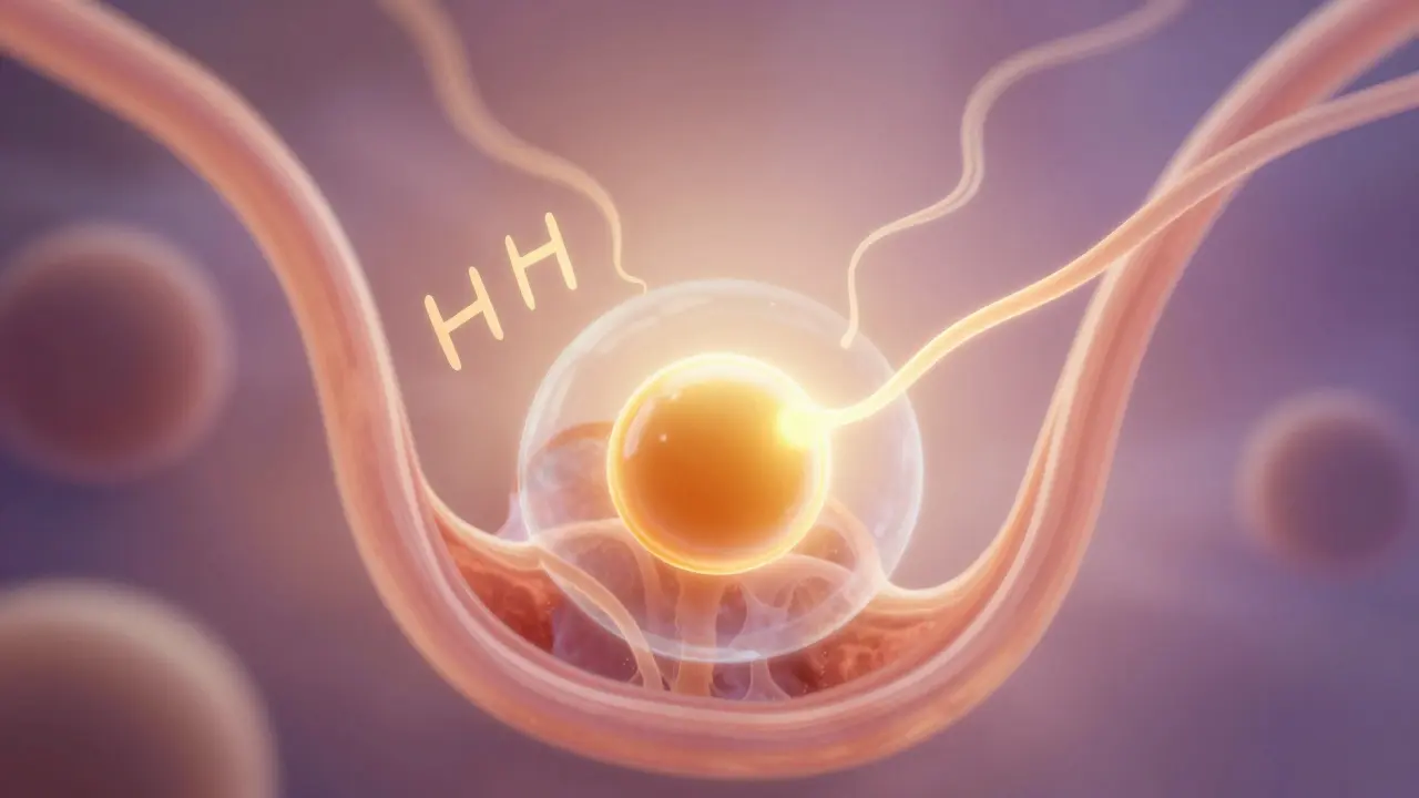 Praskající folikul v vaječníku, z něj vyskakuje vajíčko do vaječné trubice.