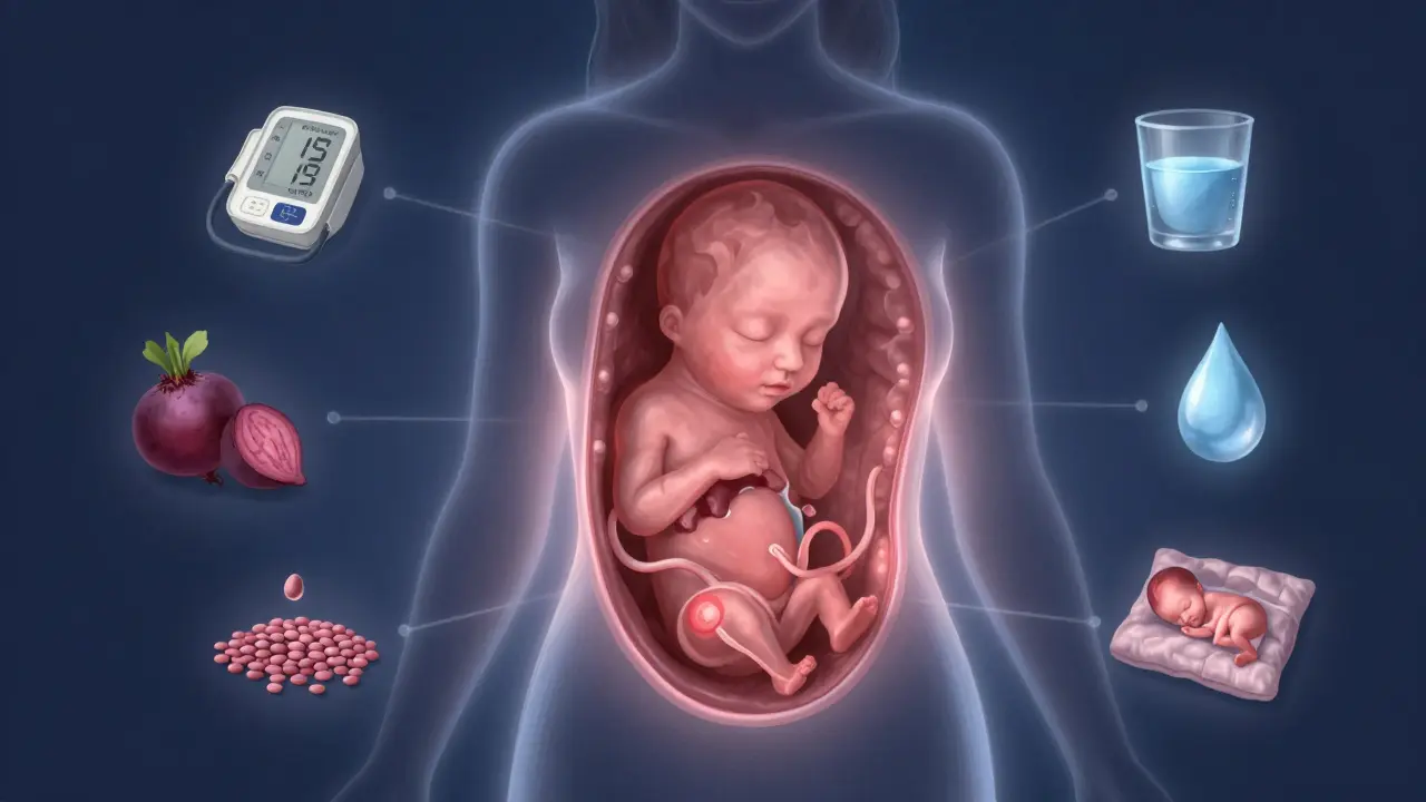 Průhledný obraz těhotné ženy s vnitřními orgány plodu a důležitými kontrolními prvky.