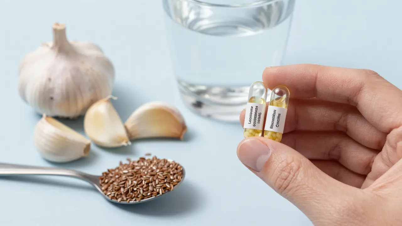 Ruce drží probiotika, česnek a lněná semínka s sklenicí vody.