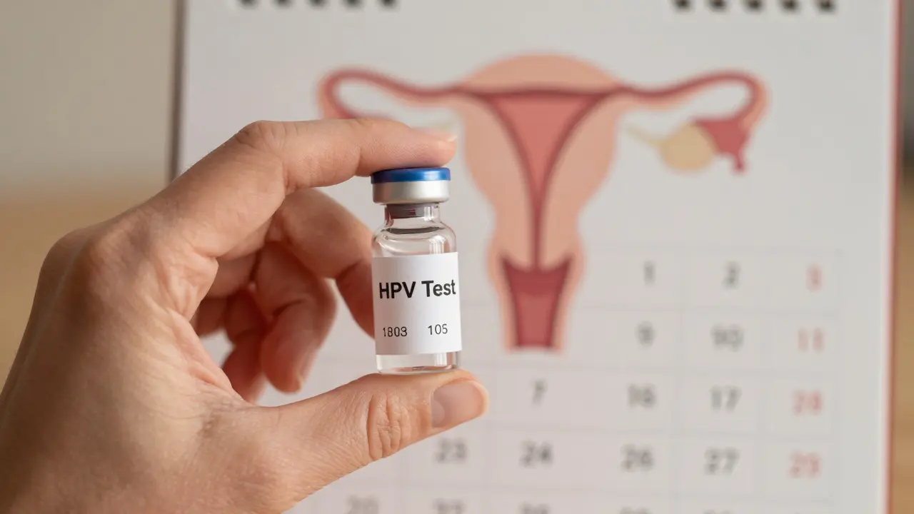 Ruka drží vzorek HPV testu vedle kalendáře s 5letým intervalem vyšetření.