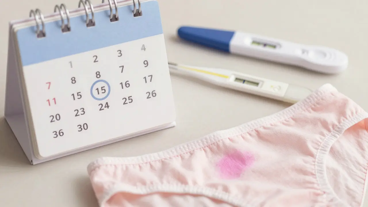 Subtle signs of early pregnancy: thermometer, calendar, faint stain, and test.