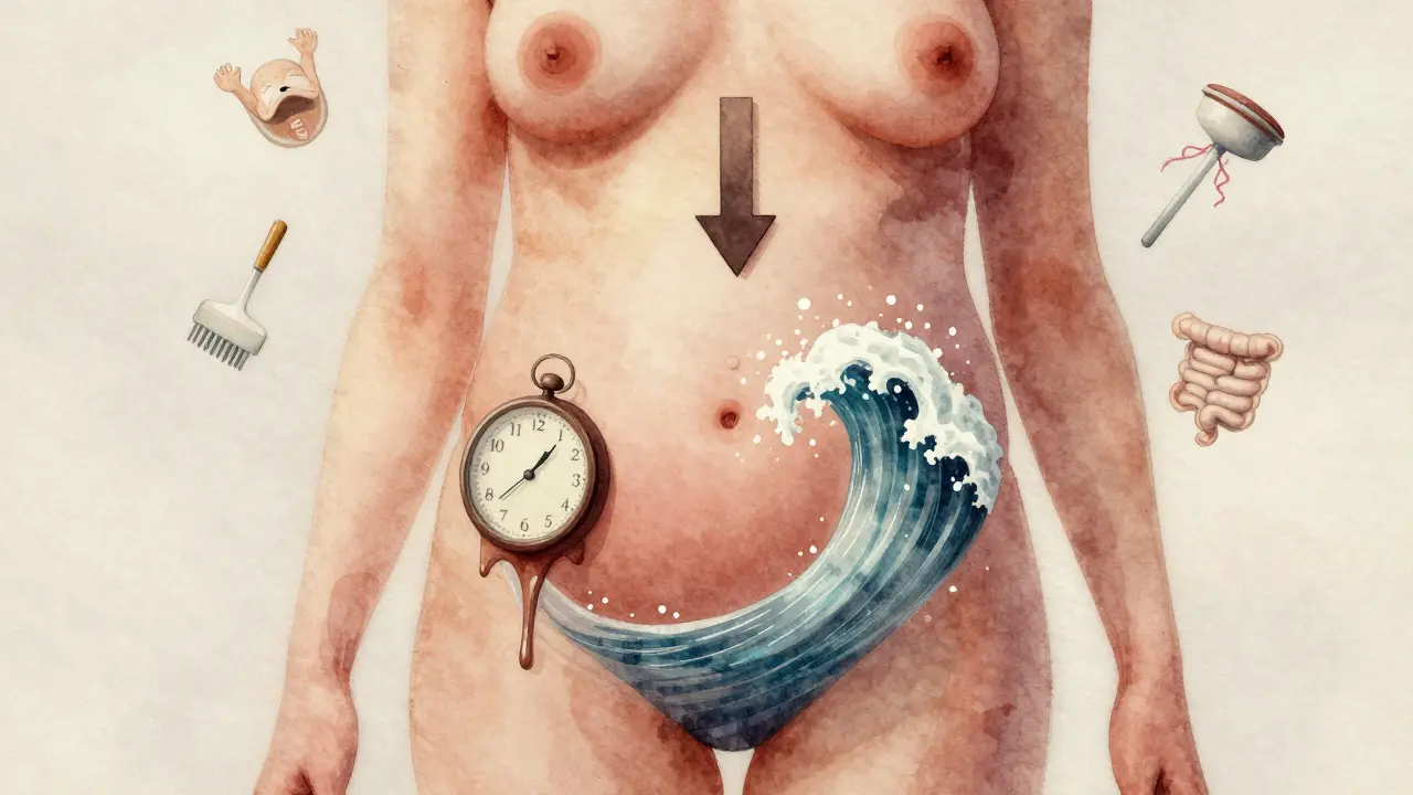 Symbolický obraz těhotné ženy s prvky příznaků porodu: sestup dítěte, uvolnění houbku a energie v pánvi.