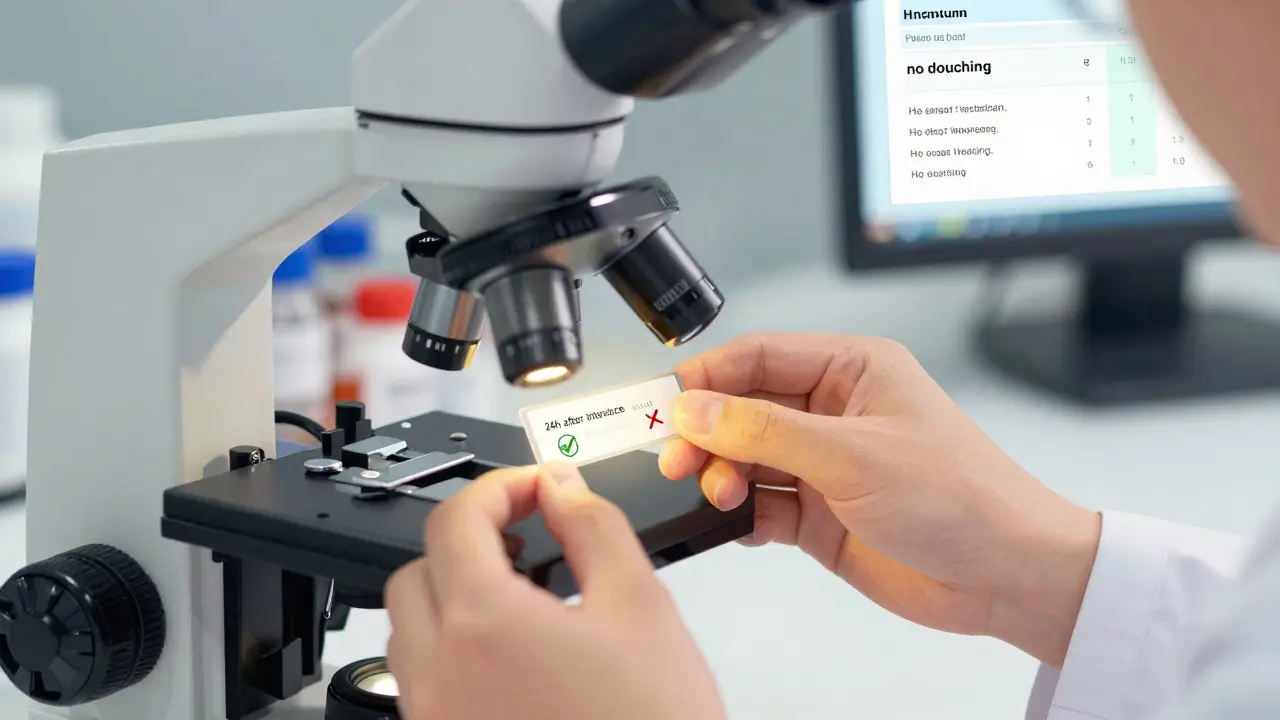 Technička zkoumá vzorky buněk pod mikroskopem s výsledky HPV testu na pozadí.