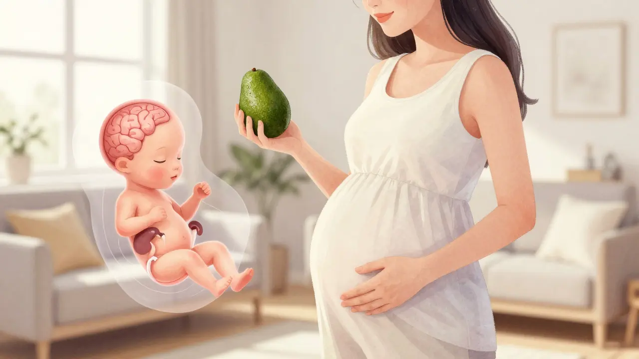 Těhotná žena drží avokádo vedle svého břicha jako symbol velikosti plodu.