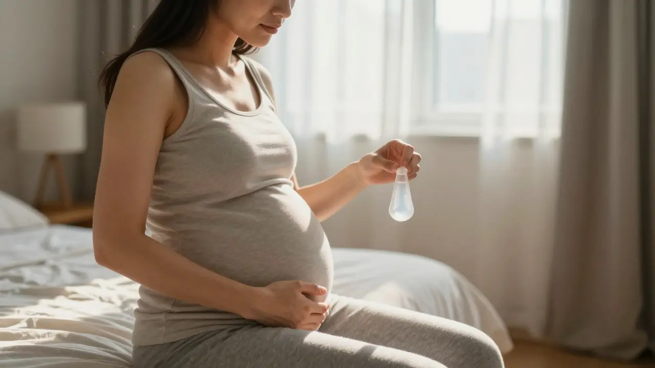 Těhotná žena drží hlenovou zátku v ruce, klidně se na ni dívá v pokoji.