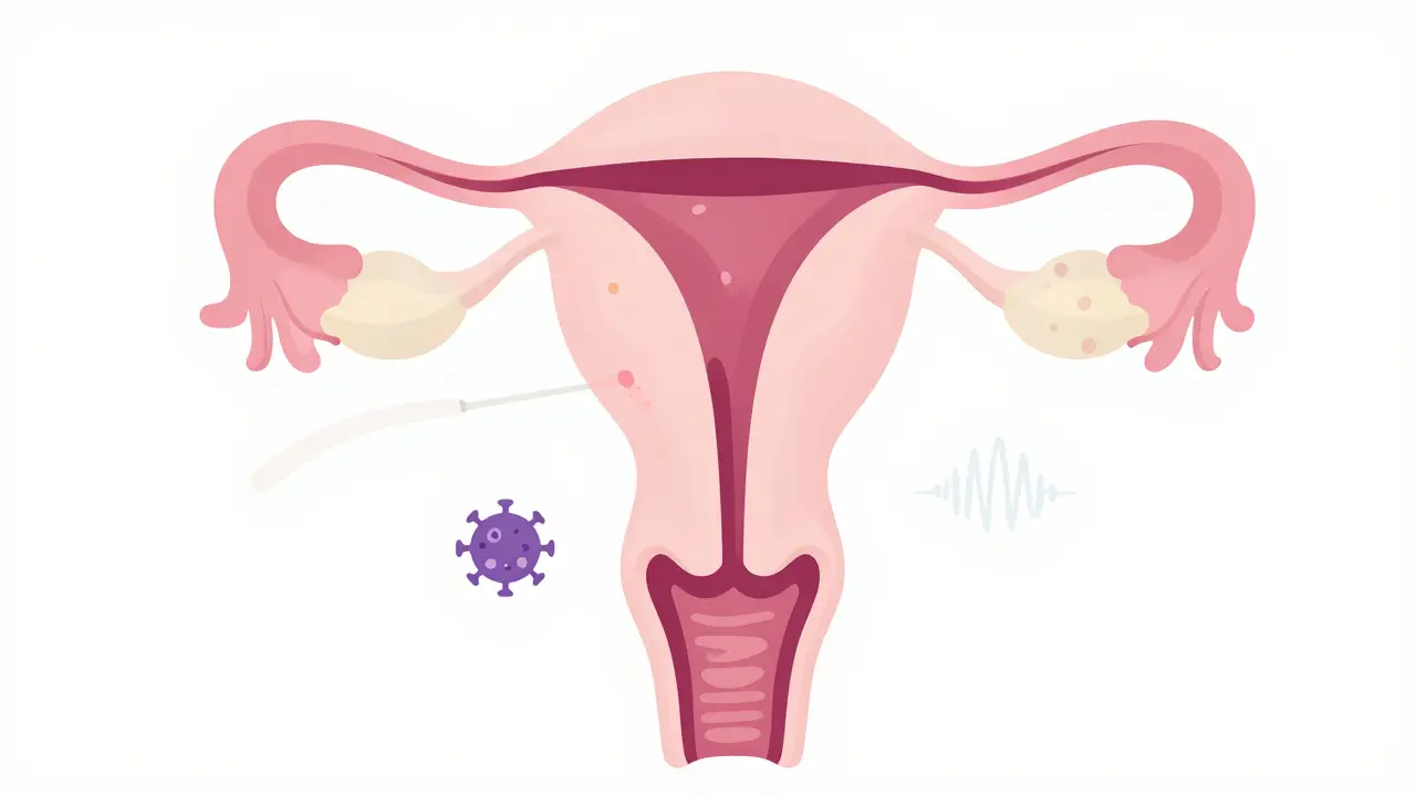 Transparentní anatomický nákres ženského reprodukčního systému s odběrem buněk a ultrazvukem