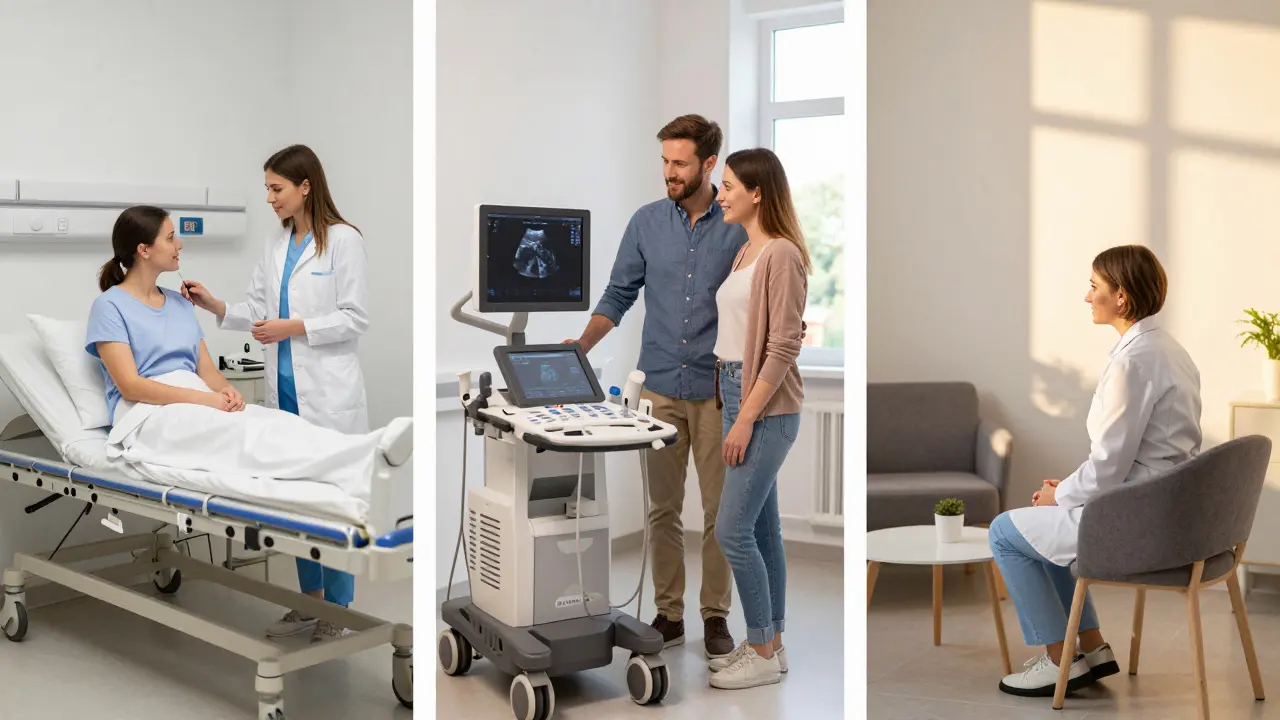 Tři scény prenatální péče v Brně: veřejná klinika, soukromá klinika a specializovaná konzultace, vše v teplém zlatém světle.