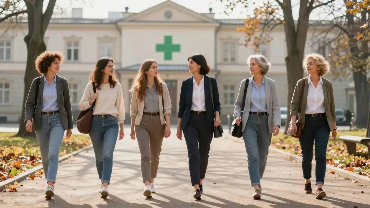 Tři ženy jdoucí k klinice v pražském parku, symbolizující prevenci a zdraví