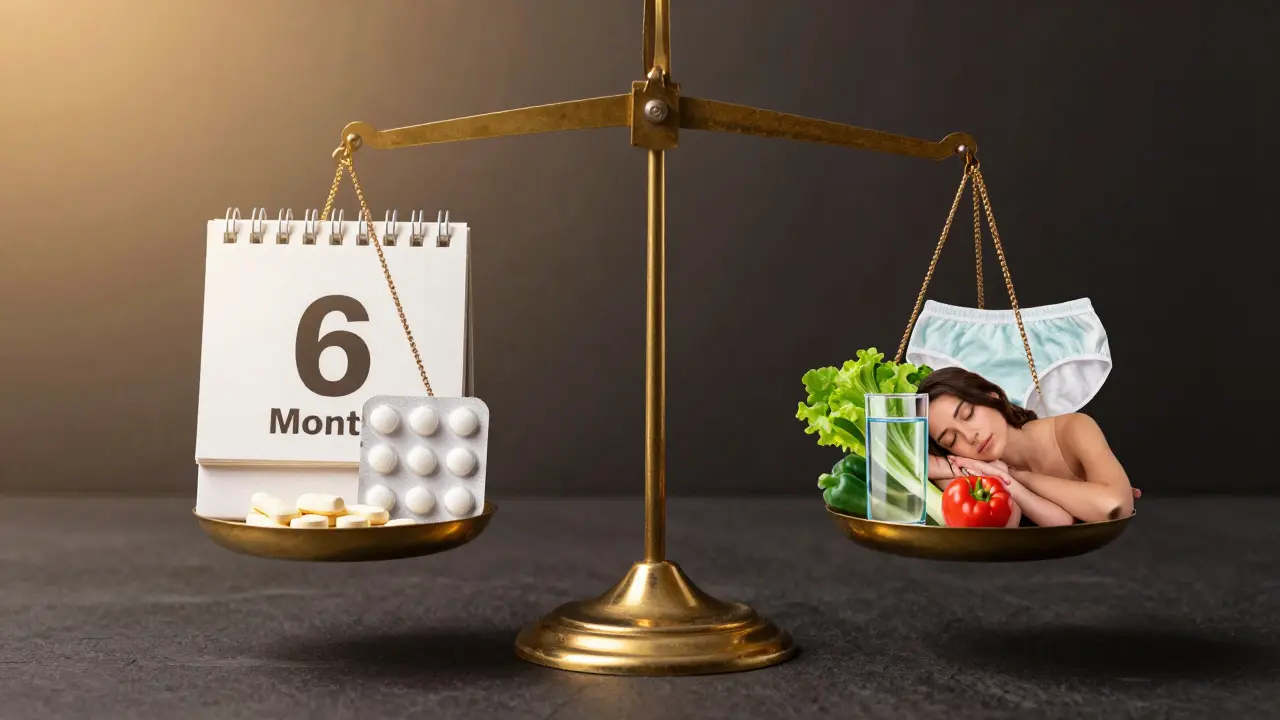 Váha s léky na jedné straně a prevencí na druhé — zdravý styl života.