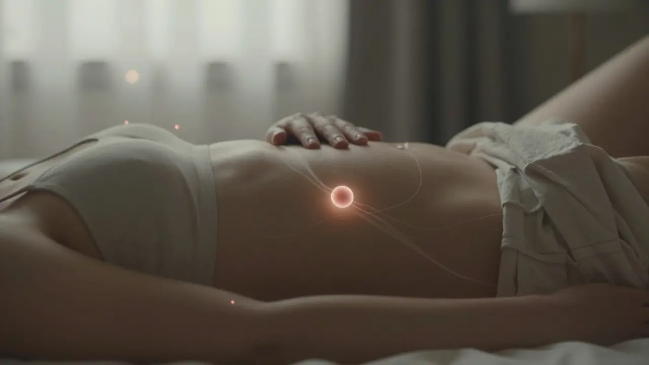 Woman at dawn with subtle glowing lines indicating blastocyst journey to uterus.