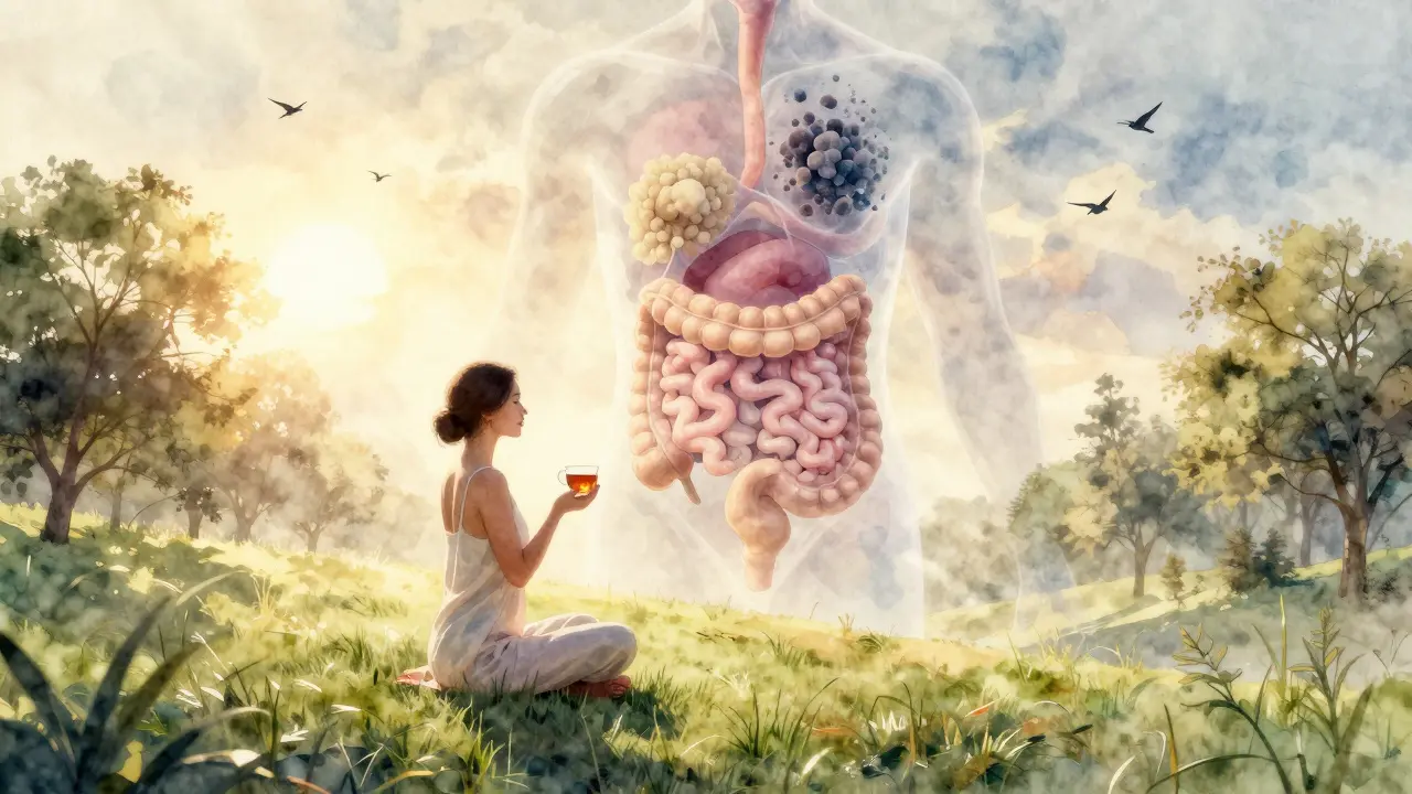 Žena medituje na louce při východu slunce, s podobou zdravého střevního mikrobiomu.