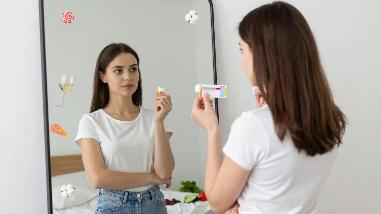 Žena se dívá do zrcadla, kde jedna strana zobrazuje nezdravé návyky a druhá zdravý životní styl.