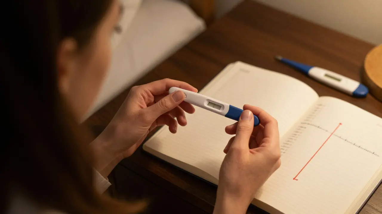 Žena sleduje ovulační test a bazální teplotu, aby zjistila, zda ovuluje.