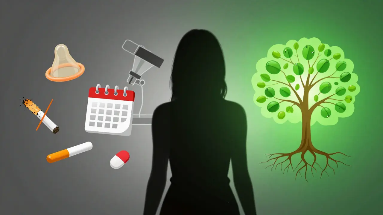 Ženský silueta s ikonami ovlivňujícími výsledek cytologie: kalendář, cigaretu, hormonální tabletu.