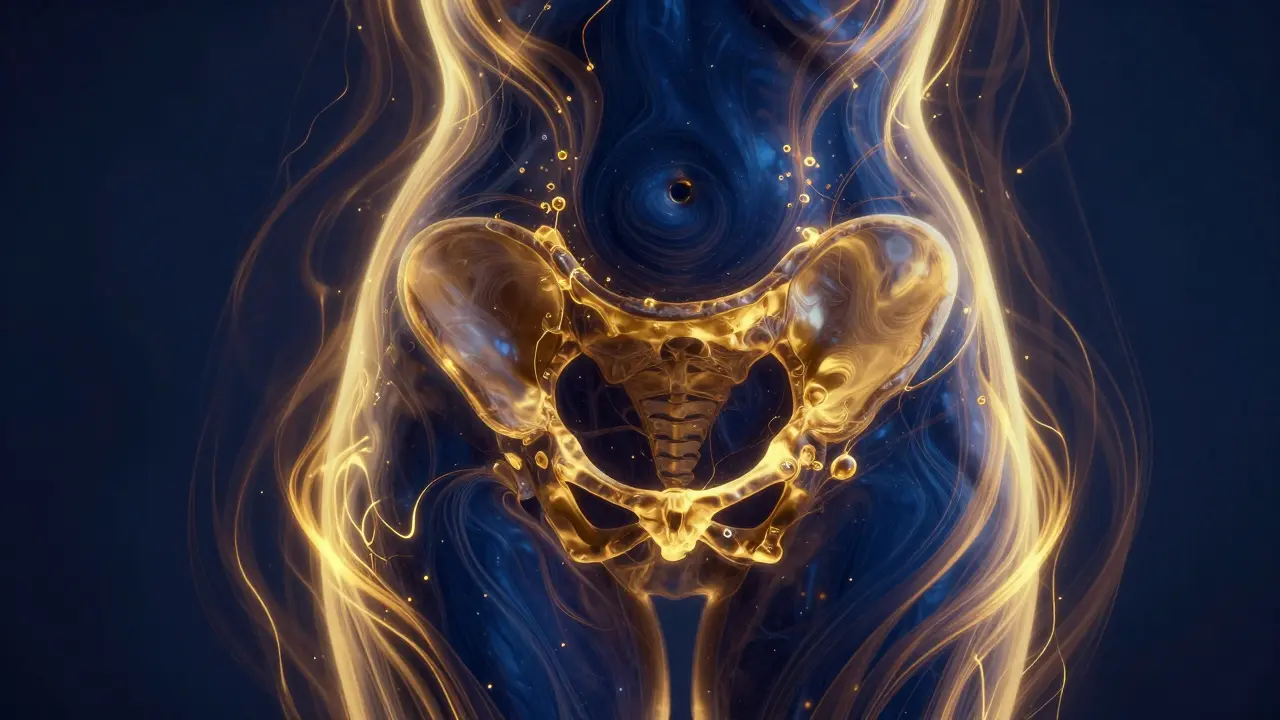 Abstraktní zobrazení intenzivního tlaku a energie v pánvi během druhé doby porodu.