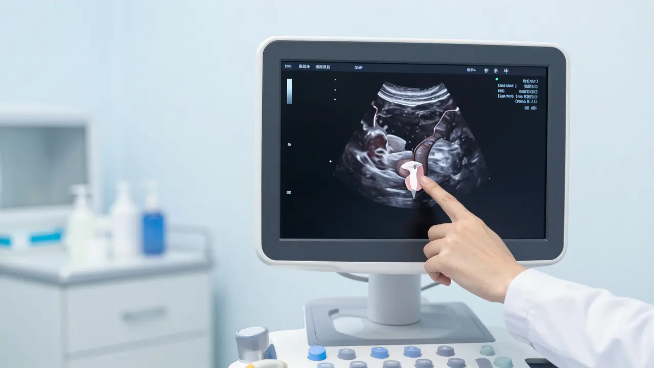 Detail obrazovky ultrazvuku zobrazující sliznici dělohy během gynekologického vyšetření.