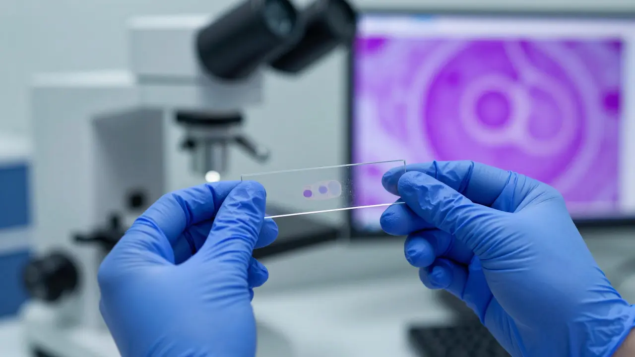 Detail ruky lékaře s citologickým vzorkem v moderní sterilní laboratoři.