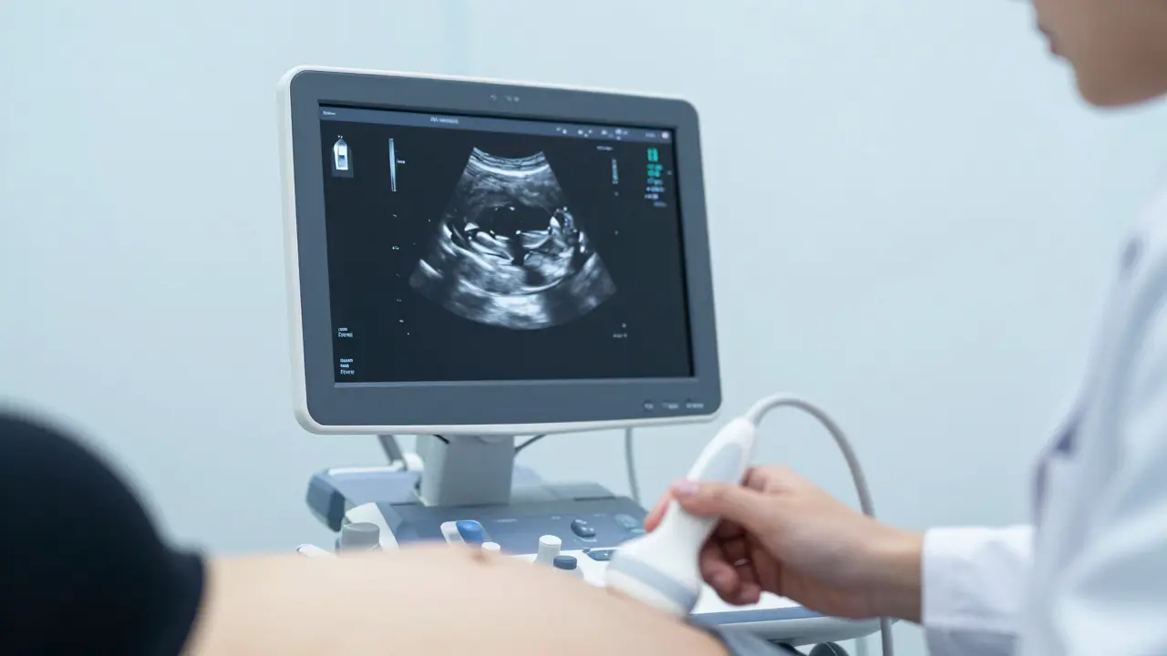 Detail ultrazvukového vyšetření plodu v prvním trimestru v lékařské ordinaci.