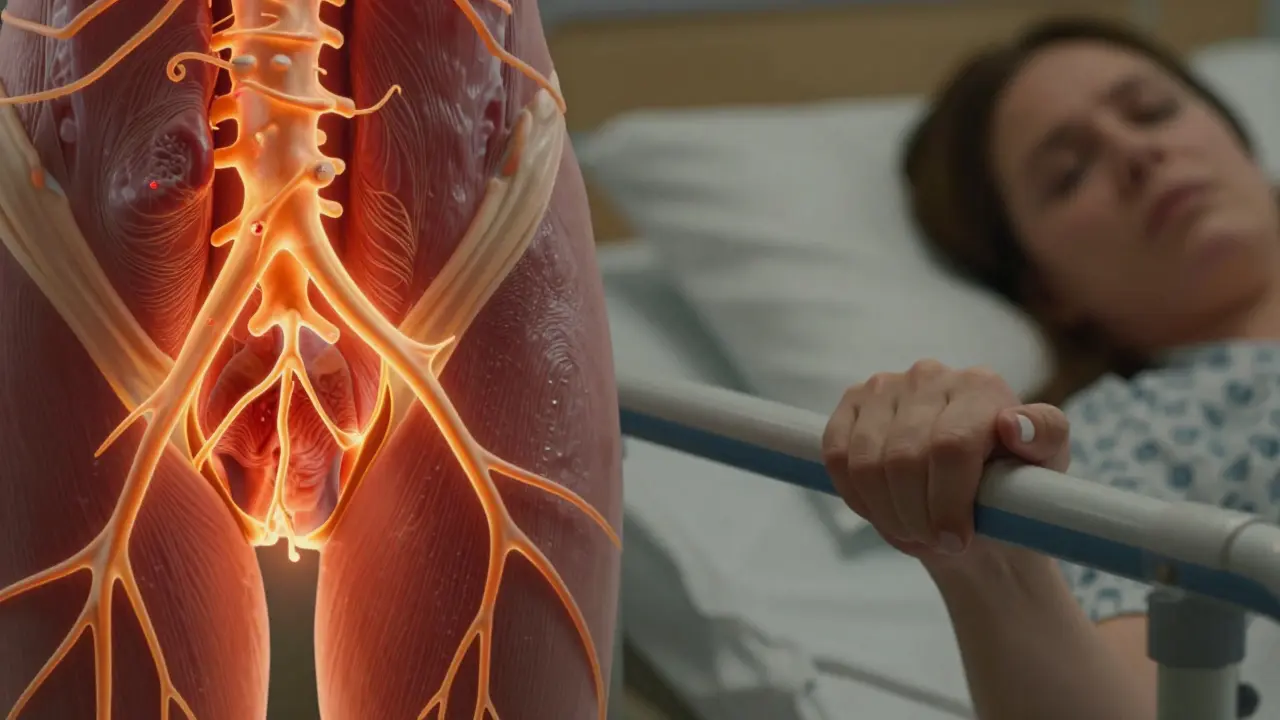 Detailní zobrazení nervových zakončení v plamenech a ruky ženy pevně svírající porodnickou postel.