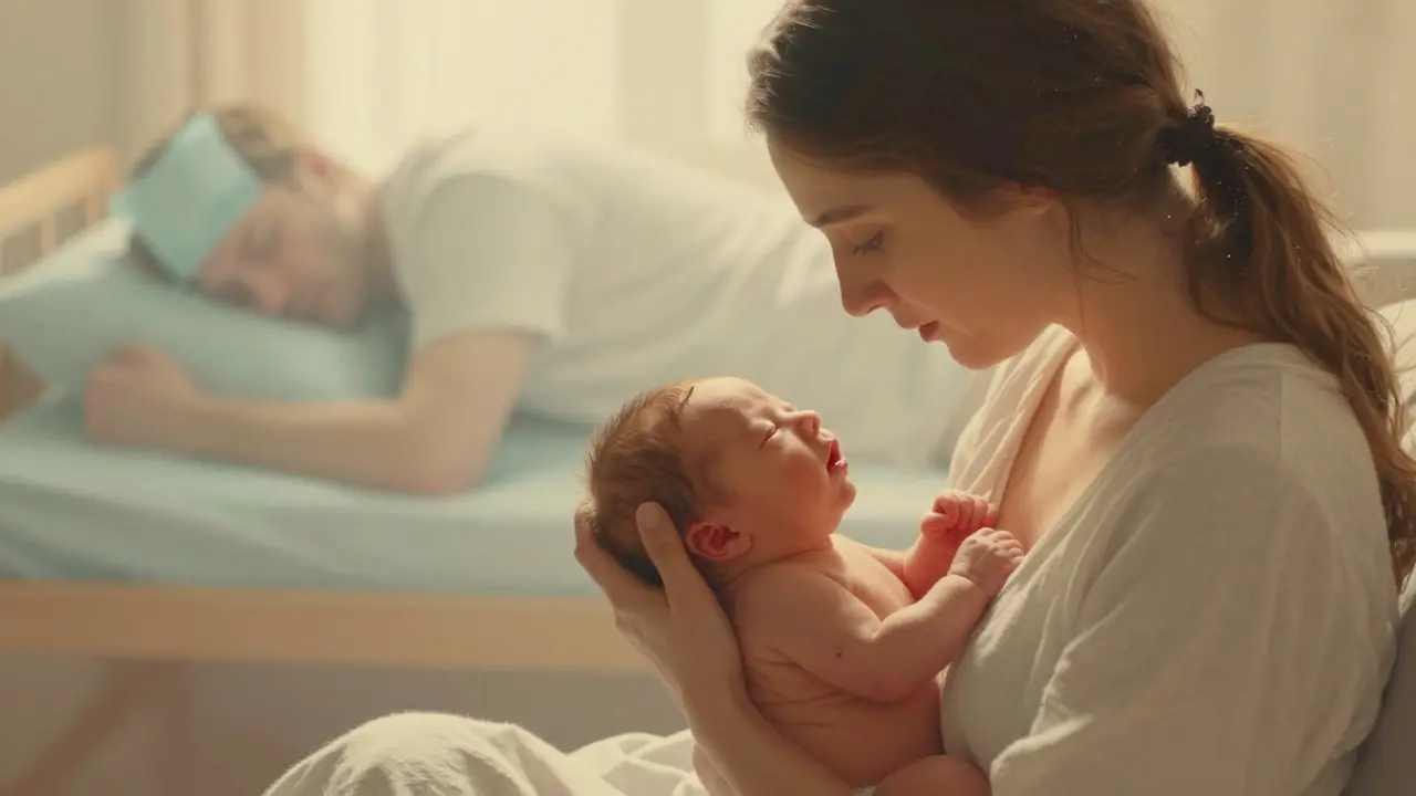 Emotivní obraz matky s novorozencem v zlatém světle s jemnou siluetou muže v pozadí.