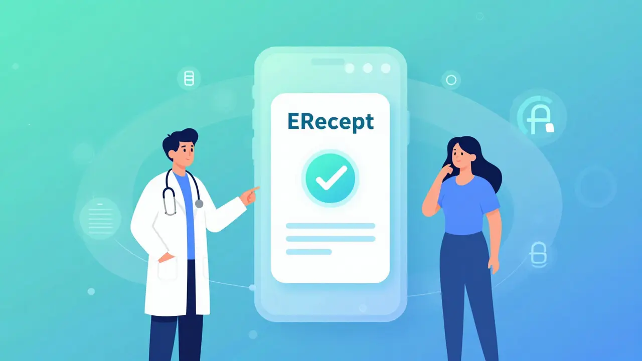 Ilustrace elektronického receptu poslaného lékařem na mobilní telefon.