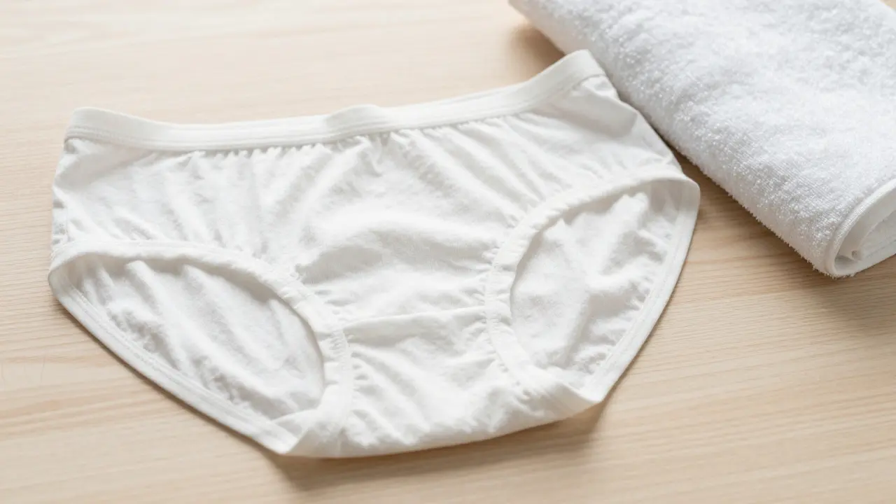 Jednoduché bavlněné spodní prádlo a bílý ručník na dřevěném povrchu.