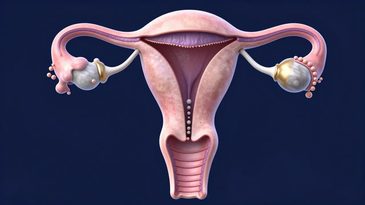 Konceptuální 3D vizualizace vaječníků s drobnými folikuly.