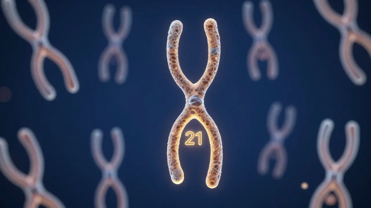 Konceptuální 3D zobrazení trisomie 21 s jedním přebytečným 21. chromozomem.