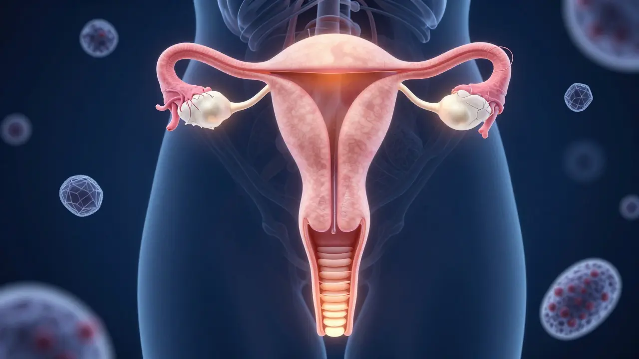 Konceptuální ilustrace anatomie ženských močových cest a pohlavních orgánů.