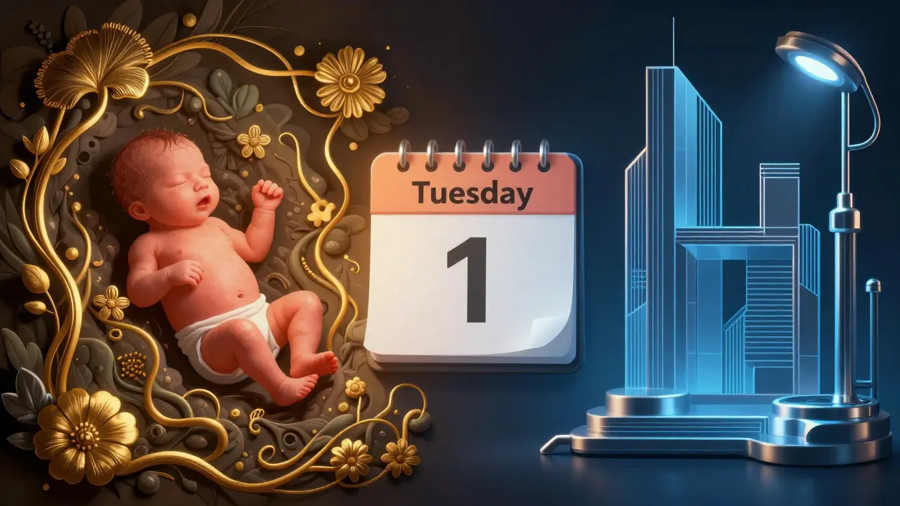 Konceptuální ilustrace kontrastu mezi přirozeným porodem a plánovaným lékařským zákrokem.